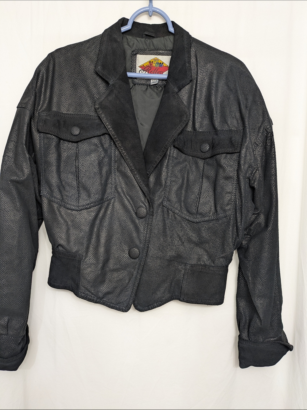 Vintage Black Leather Cropped Jacket Women’s L Fitted Waist Textured Button Fron - Picture 2 of 10